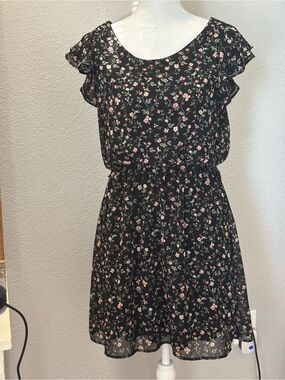 Black Floral Midi Dress with Pink Blossom Print